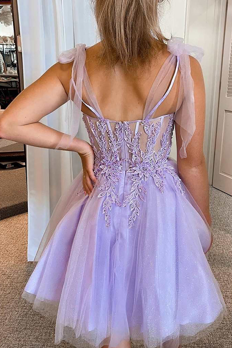 Load image into Gallery viewer, Purple Tulle Spaghetti Straps Homecoming Dress With Appliques