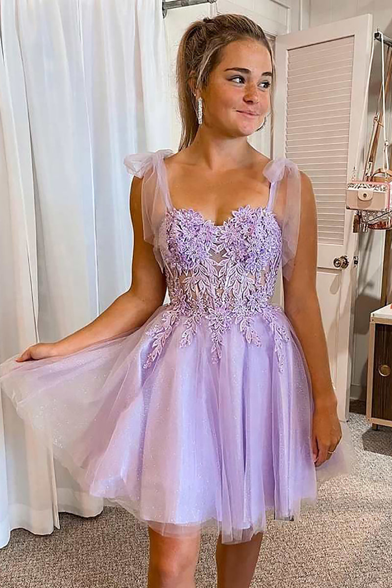 Load image into Gallery viewer, Purple Tulle Spaghetti Straps Homecoming Dress With Appliques