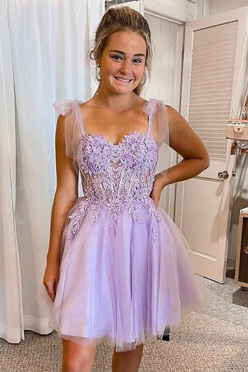 Purple Tulle Spaghetti Straps Homecoming Dress With Appliques