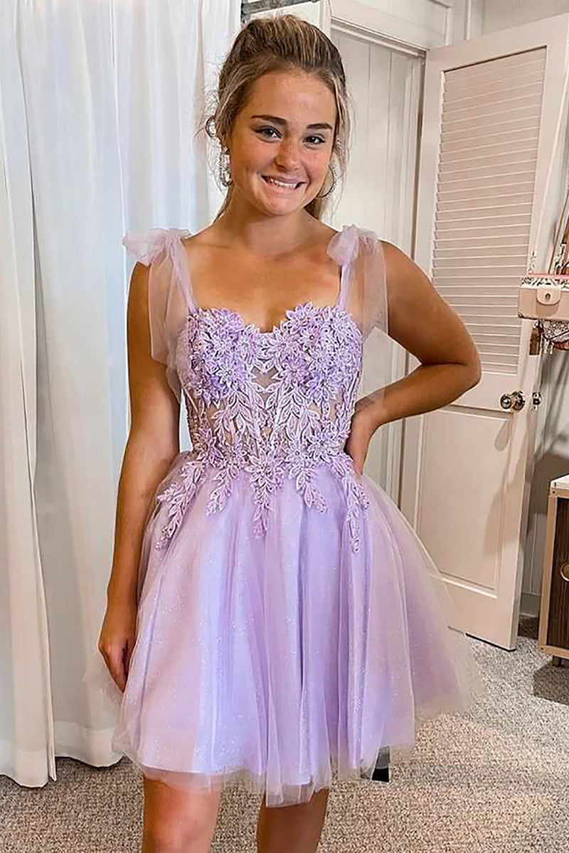 Load image into Gallery viewer, Purple Tulle Spaghetti Straps Homecoming Dress With Appliques