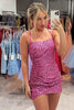 Load image into Gallery viewer, Neon Pink Sparkly Sequins Bodycon Homecoming Dress With Criss Cross Back