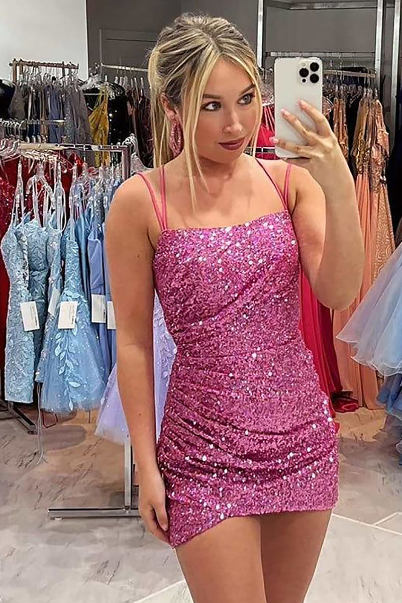 Load image into Gallery viewer, Neon Pink Sparkly Sequins Bodycon Homecoming Dress With Criss Cross Back