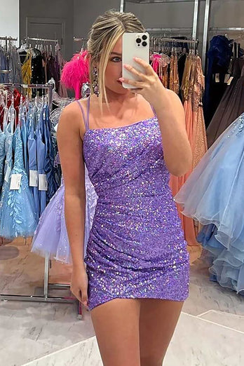 Neon Pink Sparkly Sequins Bodycon Homecoming Dress With Criss Cross Back