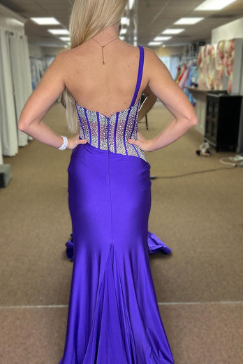Sparkly Royal Blue Mermaid One Shoulder Long Corset Prom Dress With Slit