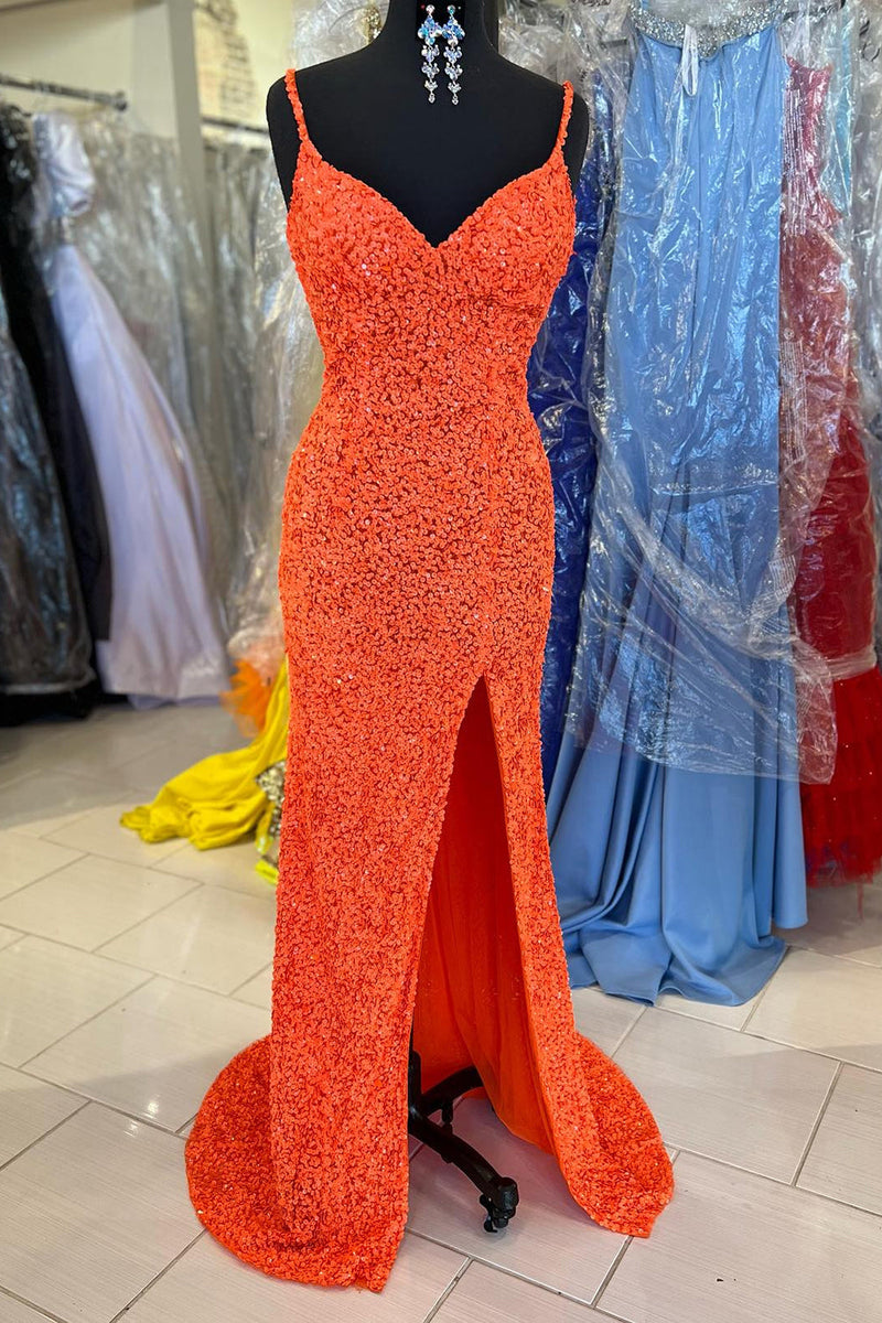 Load image into Gallery viewer, Orange Sparkly Mermaid V Neck Sequins Long Prom Dress