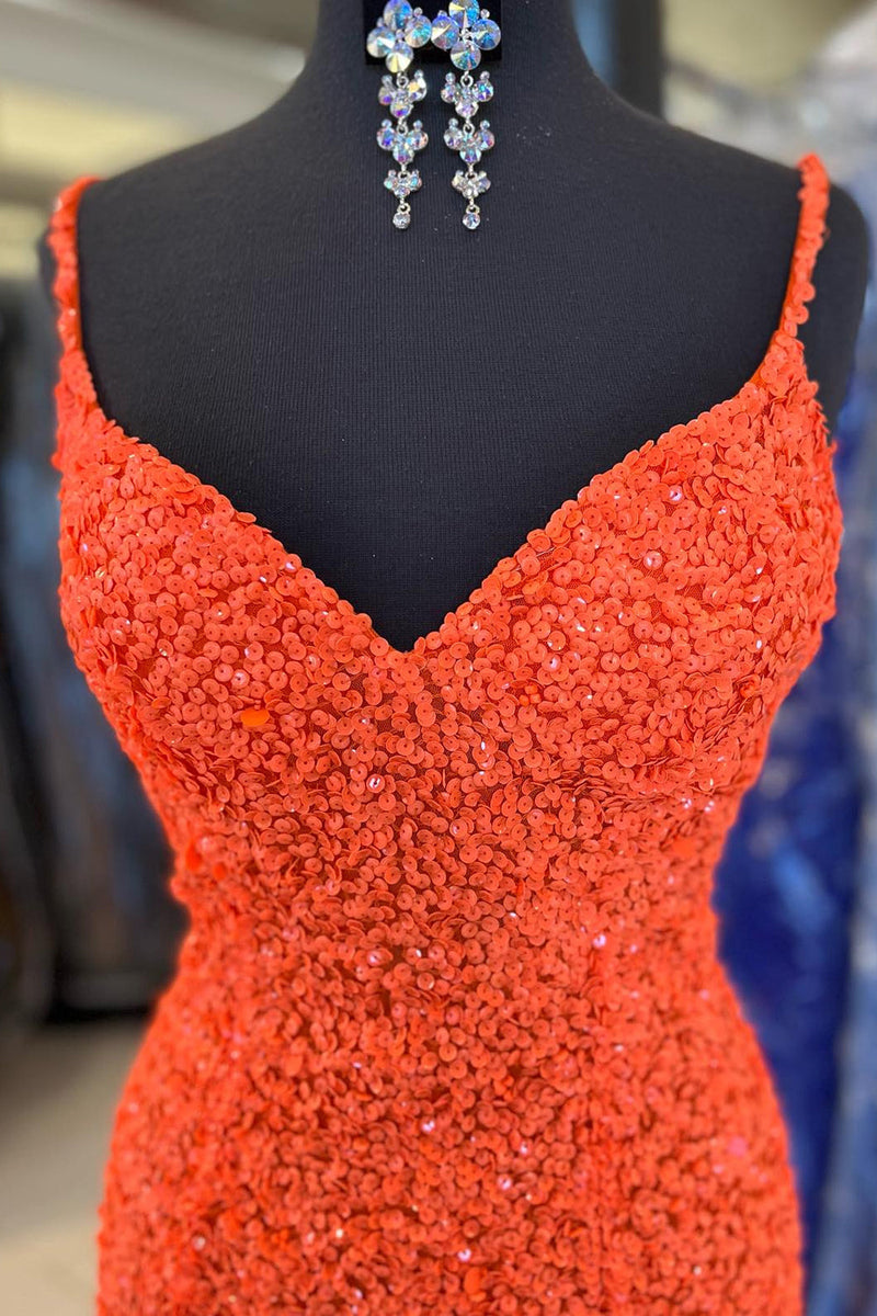 Load image into Gallery viewer, Orange Sparkly Mermaid V Neck Sequins Long Prom Dress