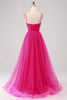 Load image into Gallery viewer, Fuchsia A-Line Spaghetti Straps Long Corset Prom Dress with Slit