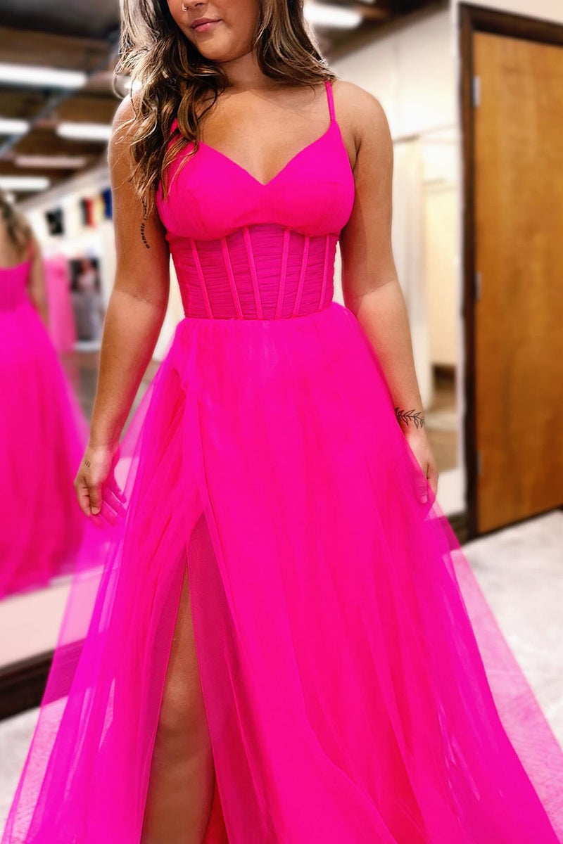 Load image into Gallery viewer, Simple Hot Pink Corset A-Line Long Tulle Prom Dress with Slit