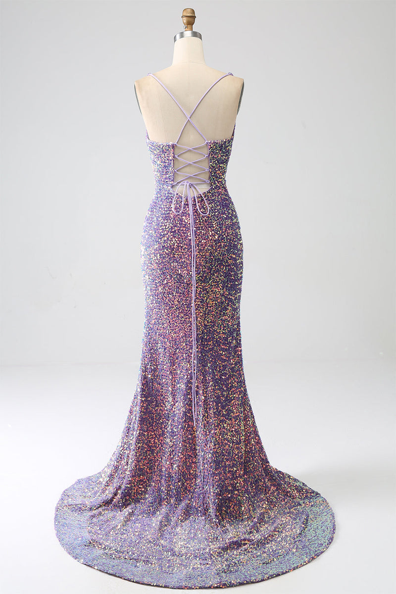 Load image into Gallery viewer, Sparkly Mermaid Light Purple Sequins Prom Dress with Slit