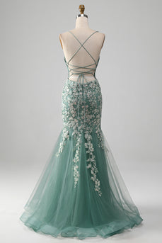 Mermaid Lace-Up Back Light Green Prom Dress with Appliques