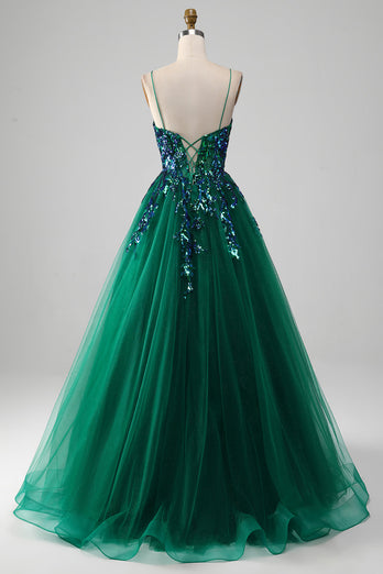 Tulle Spaghetti Straps Dark Green Prom Dress with Sequins