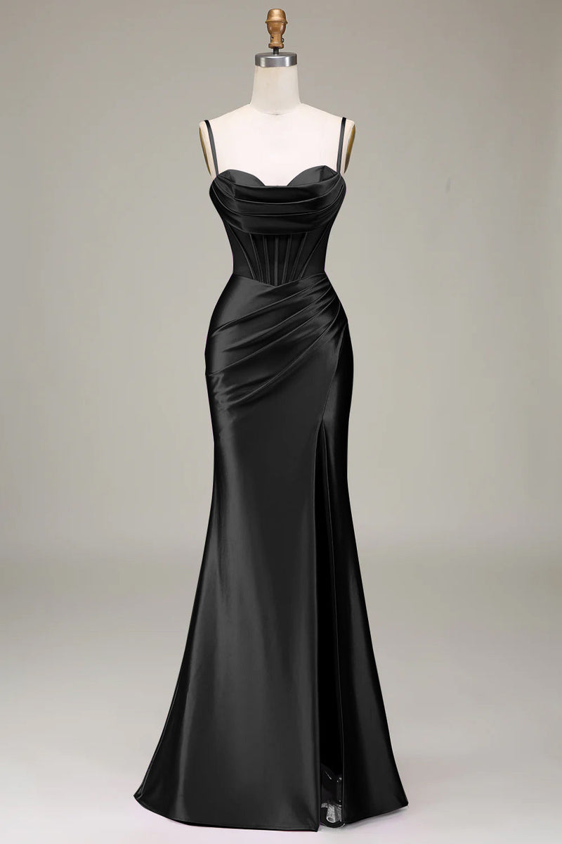 Load image into Gallery viewer, Satin Spaghetti Straps Black Prom Dress with Corset