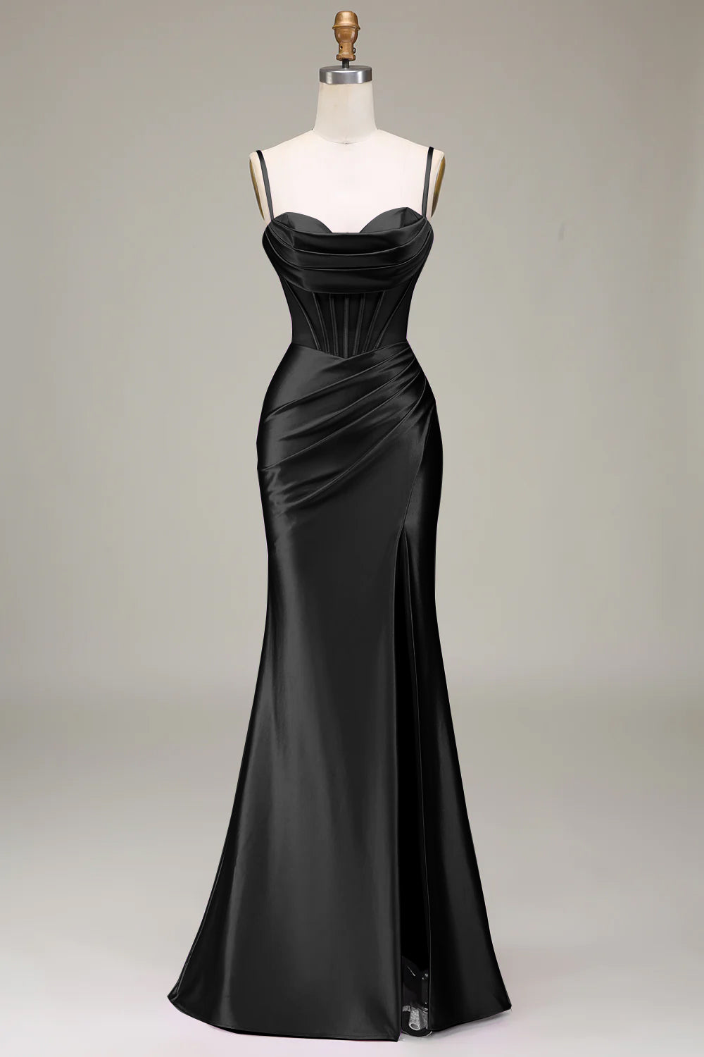 Satin Spaghetti Straps Black Prom Dress with Corset