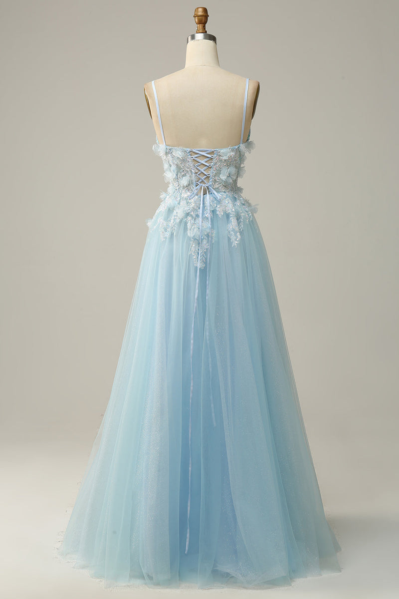 Load image into Gallery viewer, A Line Spaghetti Straps Sky Blue Prom Dress with Appliques