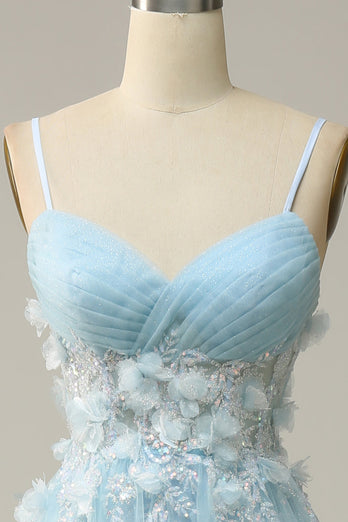 A Line Spaghetti Straps Sky Blue Prom Dress with Appliques