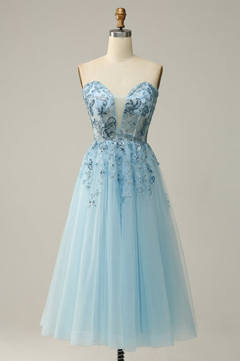 A Line Midi Sweetheart Sequins Sky Blue Prom Dress