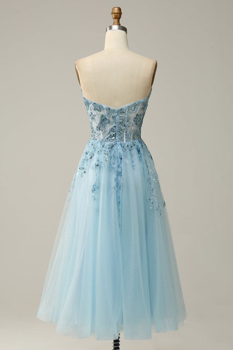 Load image into Gallery viewer, A Line Midi Sweetheart Sequins Sky Blue Prom Dress