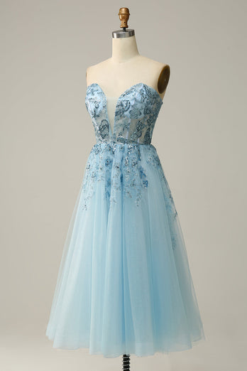 A Line Midi Sweetheart Sequins Sky Blue Prom Dress