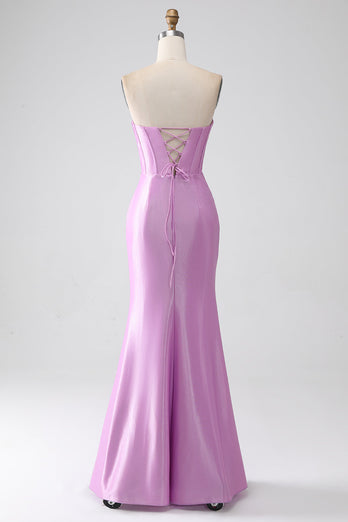 Strapless Purple Mermaid Corset Prom Dress with Pleated