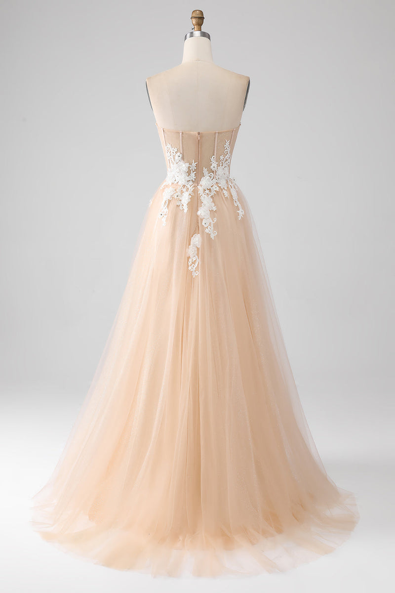 Load image into Gallery viewer, A-Line Champagne Strapless Corset Prom Dress with Appliques