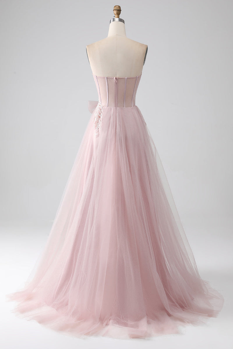 Load image into Gallery viewer, Sparkly A Line Strapless Tulle Prom Dress with Bow