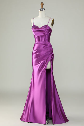 Dark Purple Spaghetti Straps Mermaid Long Prom Dress With Slit