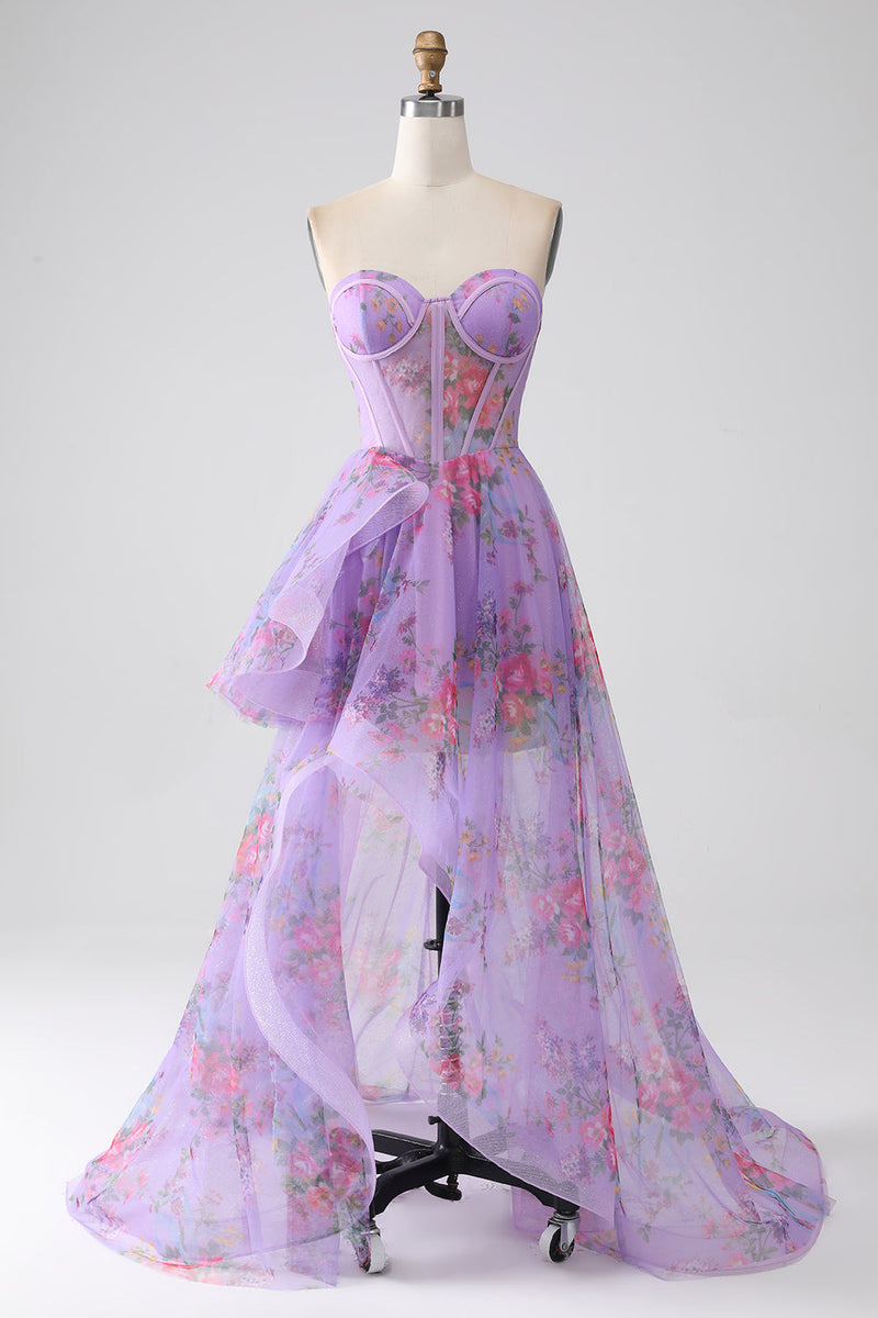 Load image into Gallery viewer, Purple Printed Strapless Corset Prom Dress