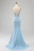 Load image into Gallery viewer, Glitter Sky Blue Spaghetti Straps Mermaid Prom Dress with Slit