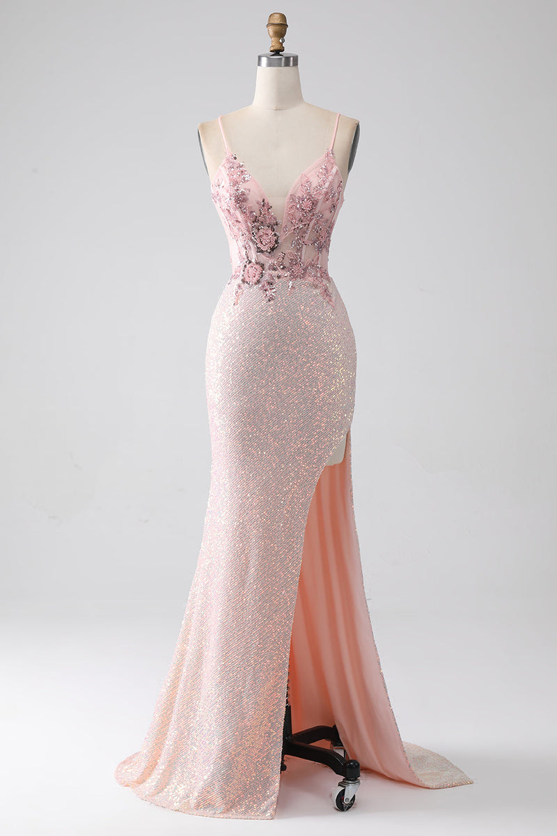 Load image into Gallery viewer, Glitter Pink Beaded Mermaid Prom Dress with Slit