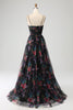 Load image into Gallery viewer, Black Printed Spaghetti Straps A Line Prom Dress with Slit