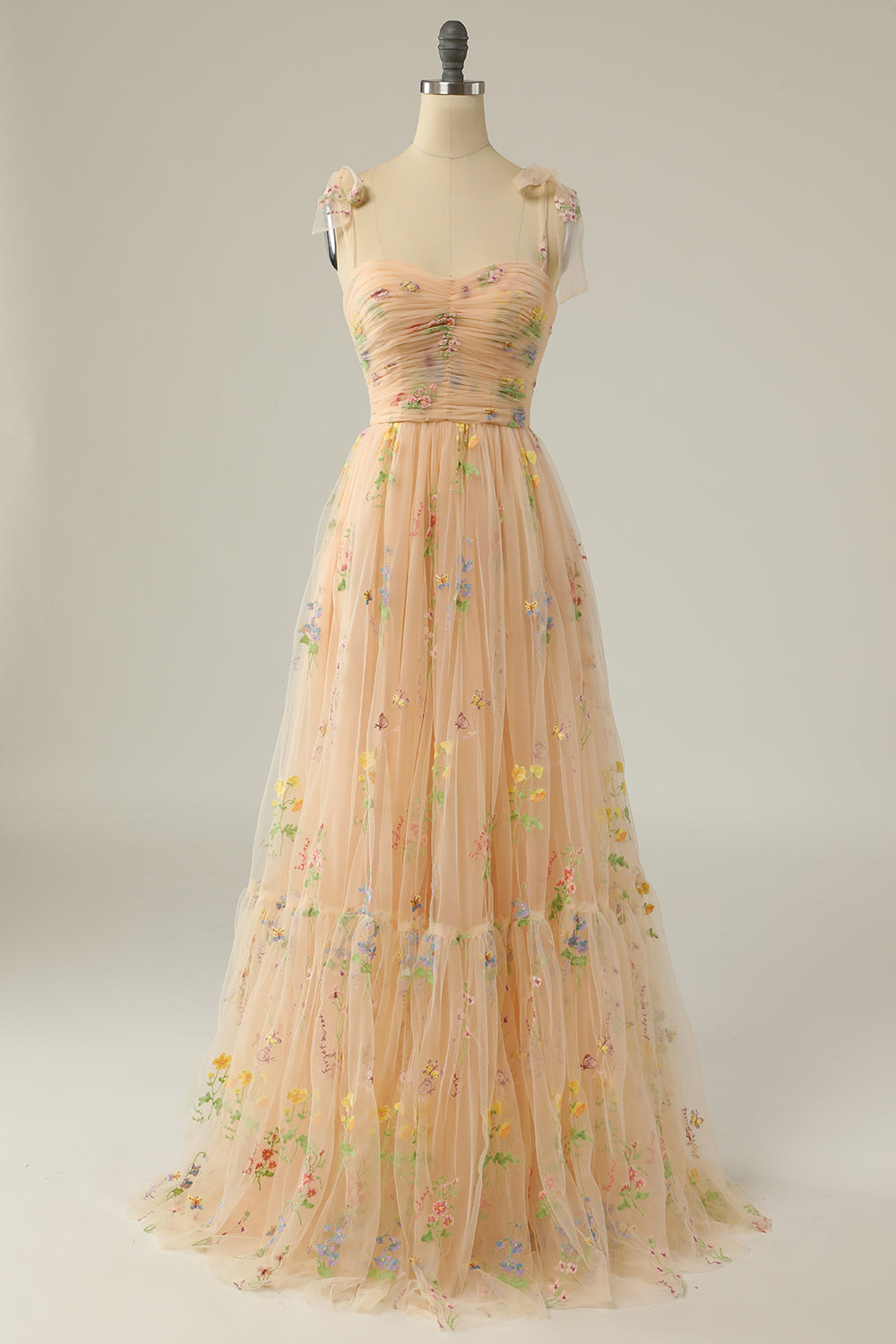 Champagne A Line Embroidered Long Prom Dress