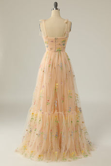 Champagne A Line Embroidered Long Prom Dress