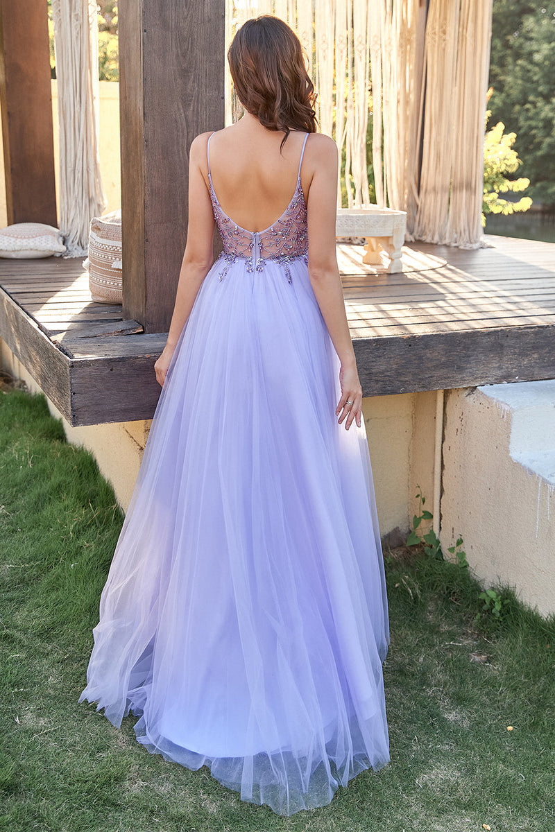 Load image into Gallery viewer, Lavender Tulle A-line Prom Dress with Beading