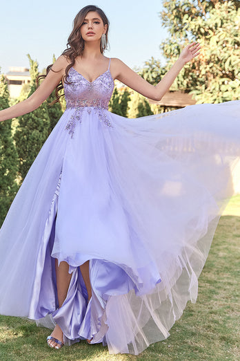 Lavender Tulle A-line Prom Dress with Beading