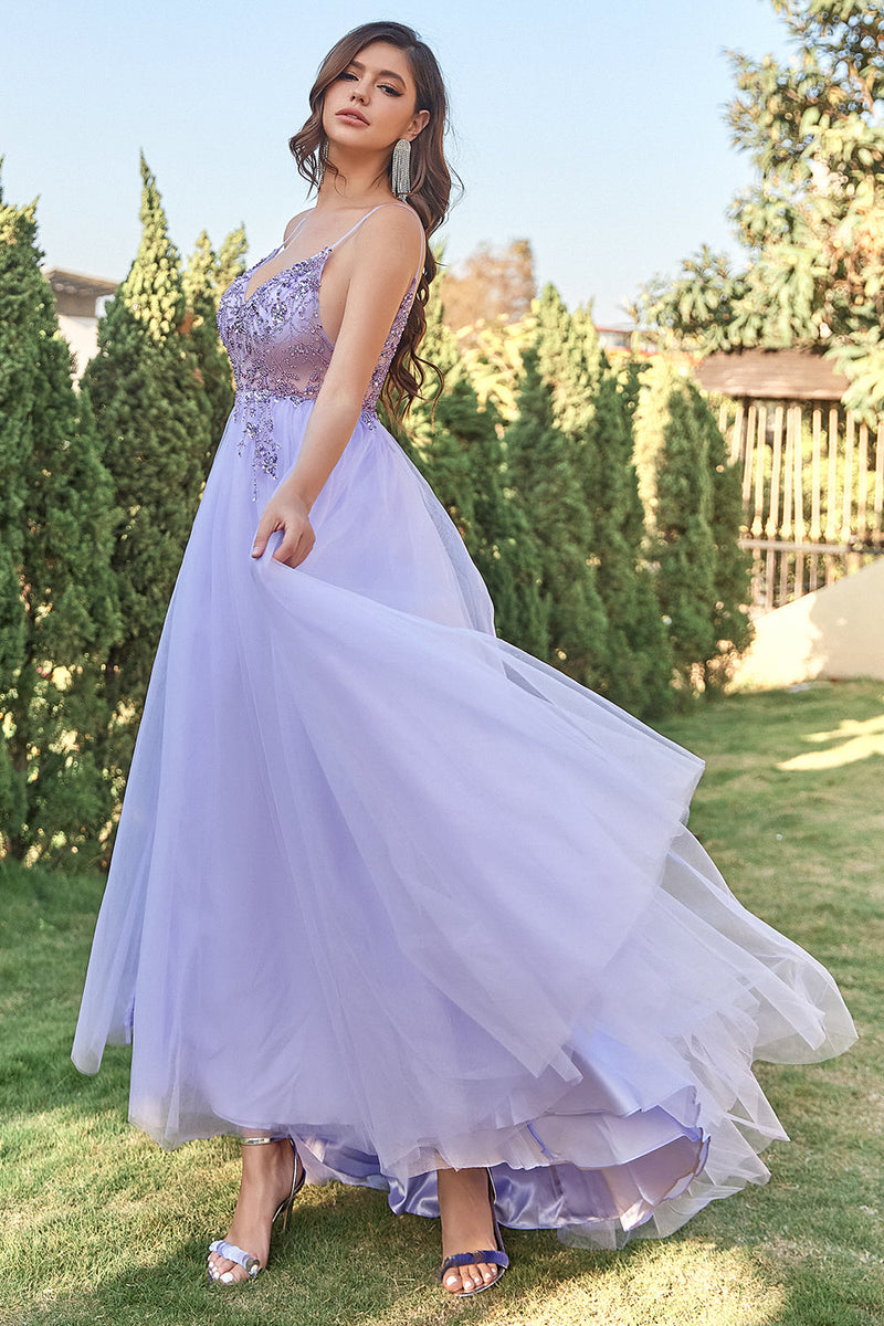 Load image into Gallery viewer, Lavender Tulle A-line Prom Dress with Beading