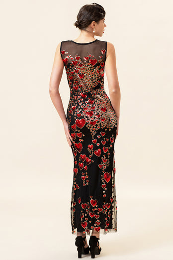 Sheath Round Neck Black Red Love Heart Beaded Long Flapper Dress