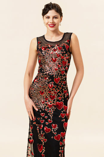 Sheath Round Neck Black Red Love Heart Beaded Long Flapper Dress