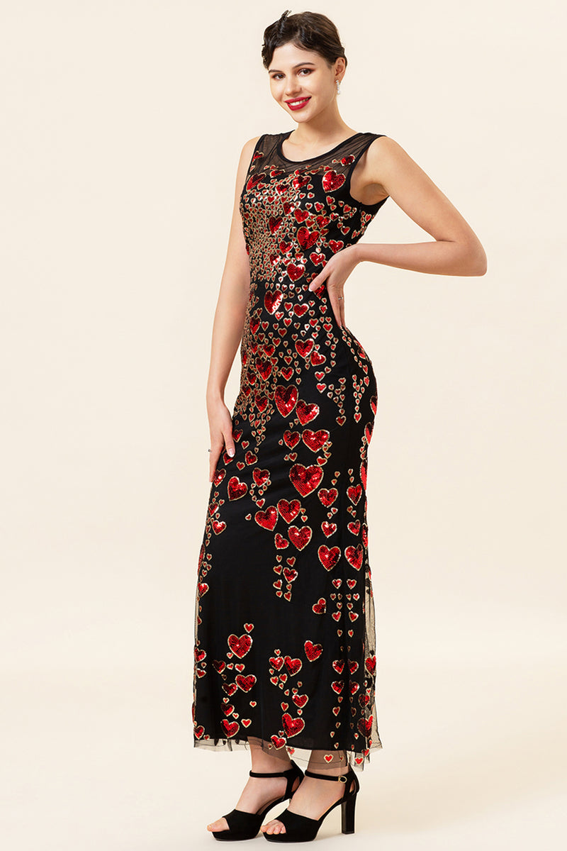 Load image into Gallery viewer, Sheath Round Neck Black Red Love Heart Beaded Long Flapper Dress