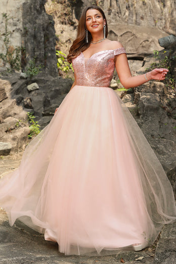 A Line Off the Shoulder Blush Plus Size Prom Dress