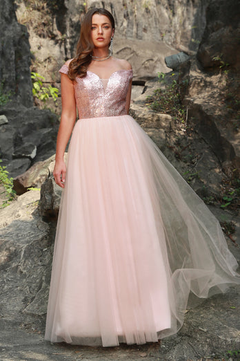 A Line Off the Shoulder Blush Plus Size Prom Dress