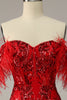 Load image into Gallery viewer, Mermaid Off the Shoulder Burgundy Plus Size Prom Dress with Feathers