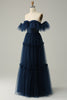 Load image into Gallery viewer, A-Line Off the Shoulder Sweetheart Tulle Navy Long Prom Dress