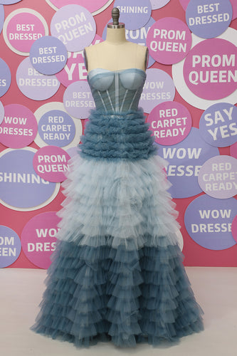 Blue Strapless Tulle A Line Long Prom Dress