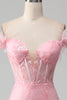 Load image into Gallery viewer, Mermaid Off the Shoulder Sparkly Pink Feathers Corset Prom Dress With Slit