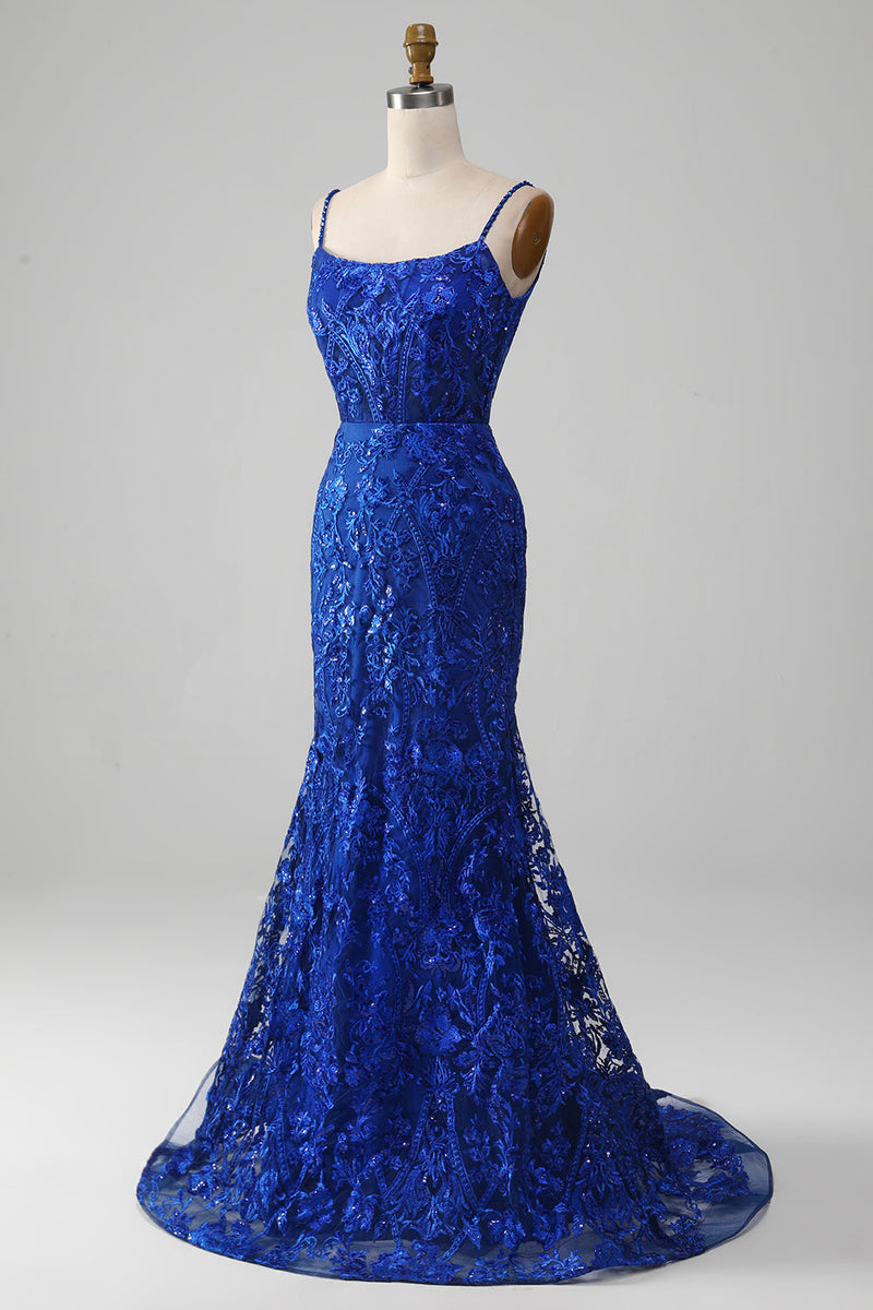 Load image into Gallery viewer, Sparkly Royal Blue Mermaid Spaghetti Straps Long Prom Dress With Appliques