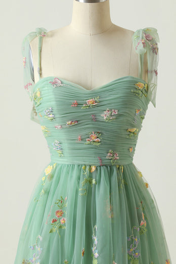 Green A-Line Embroidered Long Formal Prom Dress