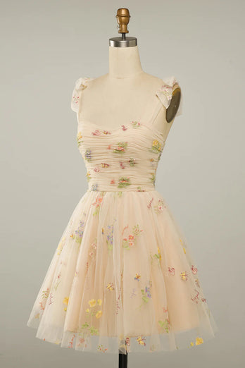 Champagne Sppaghetti Straps Short Homecoming Dress with Embroidery