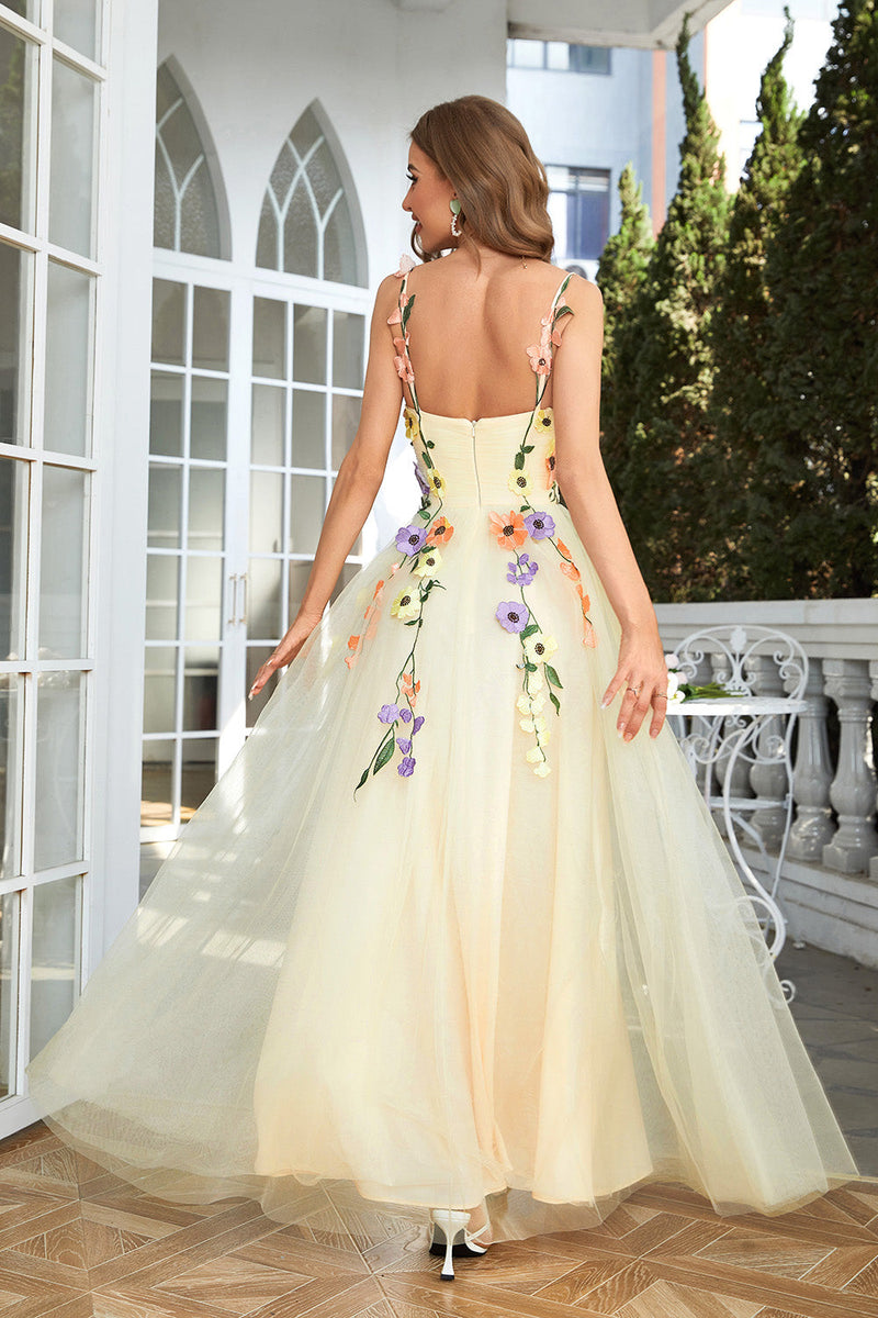 Load image into Gallery viewer, Champagne Spaghetti Straps Prom Dress With 3D Flowers