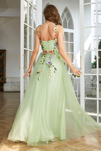 Champagne Spaghetti Straps Prom Dress With 3D Flowers