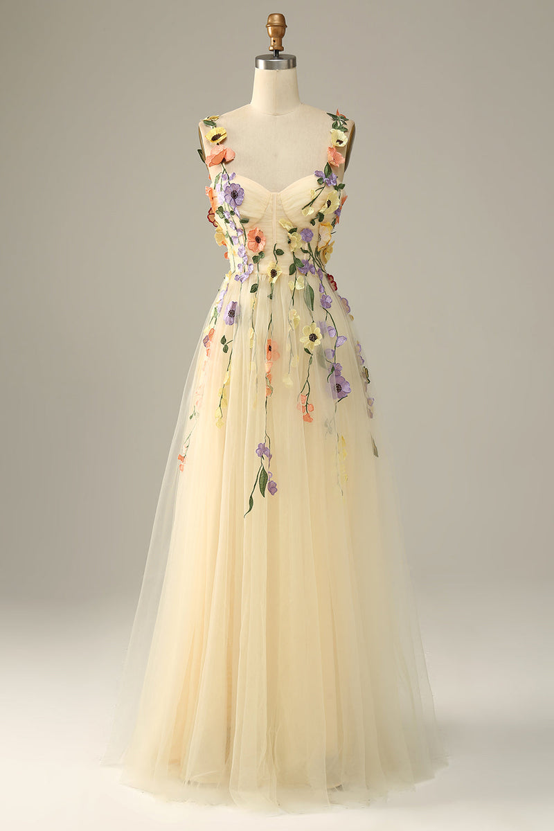 Load image into Gallery viewer, Champagne Spaghetti Straps Prom Dress With 3D Flowers